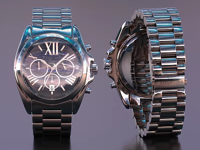 Modern Silver Metal Watch with Roman Numeral Dial Chronograph and Link Bracelet 3d model