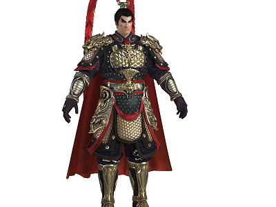 A Man in Ancient Ornate Armor With Red Cape and Golden Warrior Decorative Details 3d model