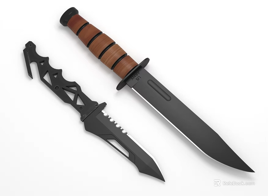 Two Tactical Combat Knives With Wooden Handle And Black Serrated Blade Design 3d model 