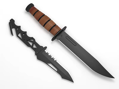 Two Tactical Combat Knives With Wooden Handle And Black Serrated Blade Design 3d model