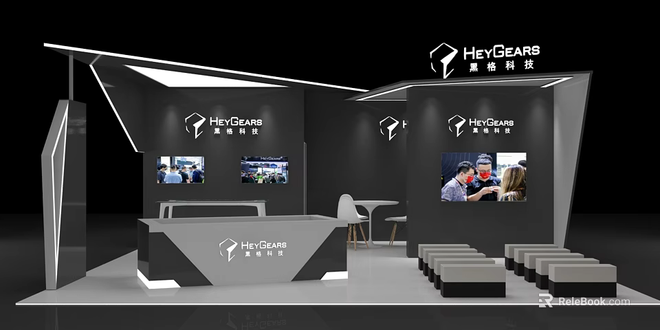 HeyGear Technology Exhibition Booth With Modern Design Screens Reception Desk And Seating 3d model 