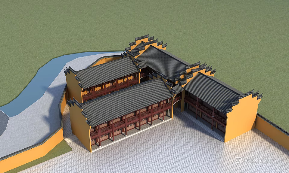 Traditional Chinese Ancient Architecture With Yellow Walls Black Tiled Roofs Ornate Eaves And Courtyard 3d model 