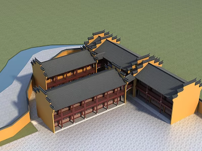 Traditional Chinese Ancient Architecture With Yellow Walls Black Tiled Roofs Ornate Eaves And Courtyard 3d model