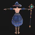 Fantasy Woman Character in Blue Star Patterned Dress with Hat and Magical Staff