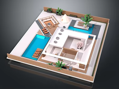 Modern Garden Landscape Design With Swimming Pool Seating Area And Tropical Plants 3d model