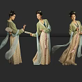 Women in Traditional Clothing with Elegant Poses Holding Fans and Scrolls and Flowing Skirts