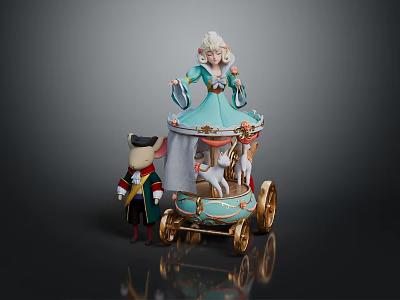 Fairy Tale Carriage Shaped Decorative Furniture With Princess Figurine And Animal Dolls 3d model