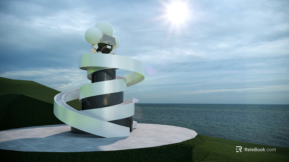 Spiral Black and White Striped Tower with White Spheres Overlooking the Sea on Sunny Day 3d model 