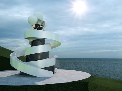Spiral Black and White Striped Tower with White Spheres Overlooking the Sea on Sunny Day 3d model