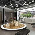 Modern Clothing Store Interior With Round Display Platform Hanging Clothes And Circular Ceiling Lights 3d model