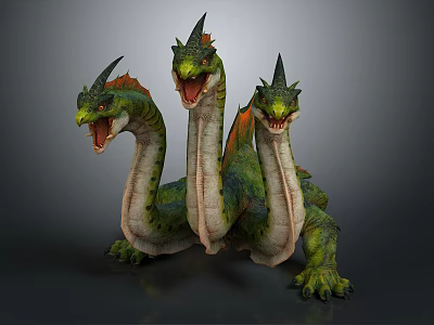Three Headed Dragon Mythical Creature With Green Scales And Open Mouths 3d model