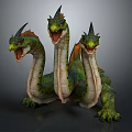 Three Headed Dragon Mythical Creature With Green Scales And Open Mouths