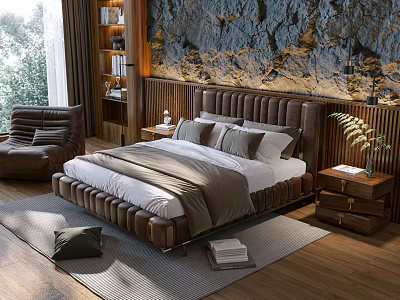 Elegant Modern Double Bed with Tufted Headboard Textured Wall and Wooden Floor 3d model