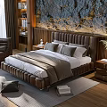 Elegant Modern Double Bed with Tufted Headboard Textured Wall and Wooden Floor