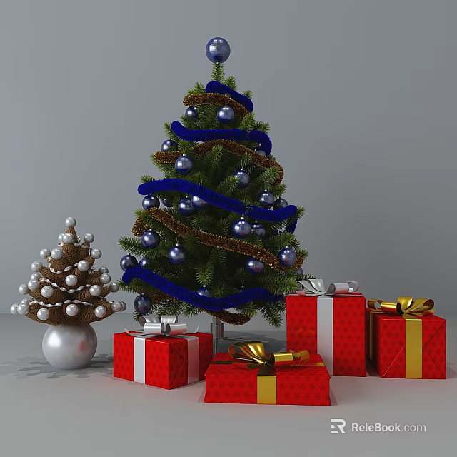 Decorated Christmas Tree With Blue Gold Ribbons Ornaments And Red Gift Boxes 3d model 