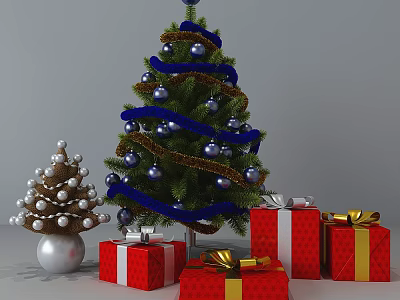 Decorated Christmas Tree With Blue Gold Ribbons Ornaments And Red Gift Boxes 3d model