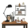 Decorative Ornaments Set on Wooden Desk with Table Lamp Photo Frame Pen Holder and Shelf