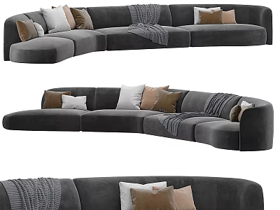 Large Curved Sectional Sofa With Gray Velvet Upholstery Multiple Decorative Cushions And Warm Throw Blanket 3d model