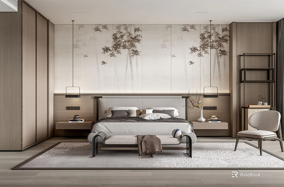 Modern Elegant Bedroom Interior Design With Mural Backdrop Pendant Lights Nightstands And Bench 3d model 