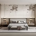 Modern Elegant Bedroom Interior Design With Mural Backdrop Pendant Lights Nightstands And Bench