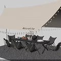 Outdoor Patio Table With Black Chairs Canopy And String Lights Setup 3d model
