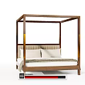 Four Poster Double Bed With Wooden Frame Striped Upholstered Headboard And White Pillows