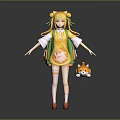 Cute Blonde Girl in Yellow Green Outfit With Patterned Backpack and Small Fox Plush