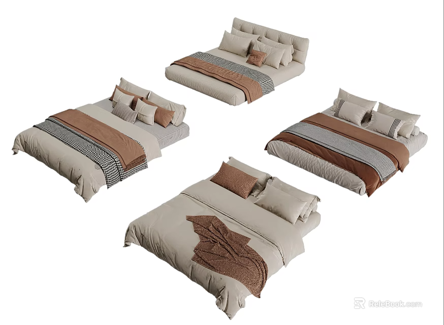 Various Neutral Toned Bed Sets With Pillows And Blanket Designs 3d model 