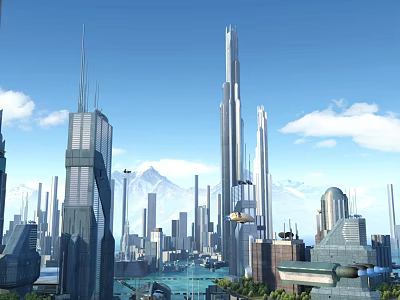 Futuristic City Architecture With Tall Skyscrapers Modern Design Flying Vehicles And Mountain Backdrop 3d model