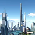 Futuristic City Architecture With Tall Skyscrapers Modern Design Flying Vehicles And Mountain Backdrop