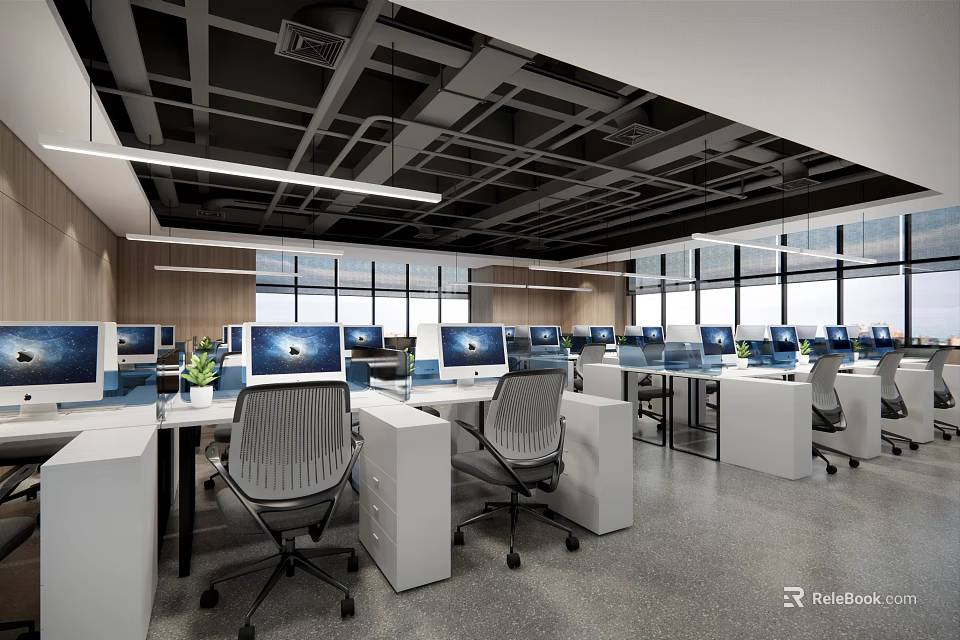 Modern Public Office Space Featuring Multiple Workstations Computers Office Chairs And Large Windows 3d model