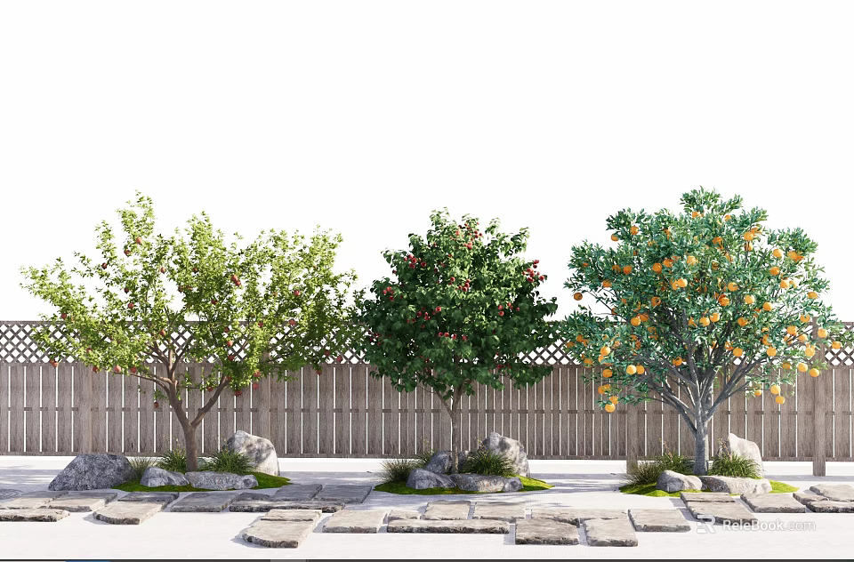 Arbor Trees Featuring Green Leaves And Fruits By Wooden Fence And Stone Path 3d model 