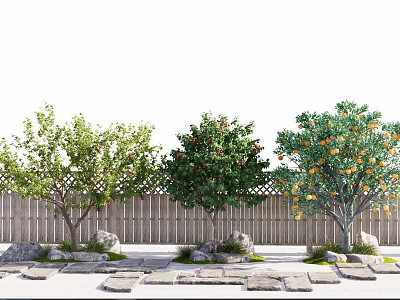 Arbor Trees Featuring Green Leaves And Fruits By Wooden Fence And Stone Path 3d model
