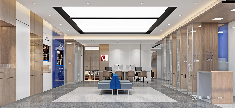 Modern Bank Lobby Interior Design With Seating Area Service Desks And Glass Partitions 3d model 