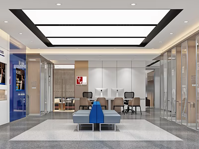 Modern Bank Lobby Interior Design With Seating Area Service Desks And Glass Partitions 3d model
