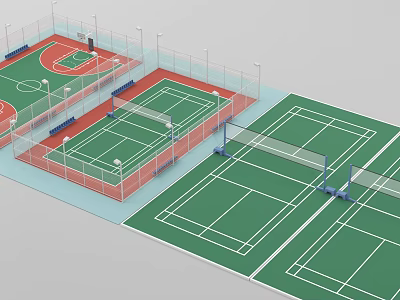 Modern Indoor Basketball Gym With Red Court Surface Fencing And Lighting 3d model