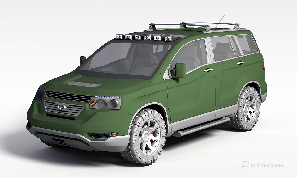 Green SUV With Roof Rack And Off Road Tires Modern Front Design 3d model 