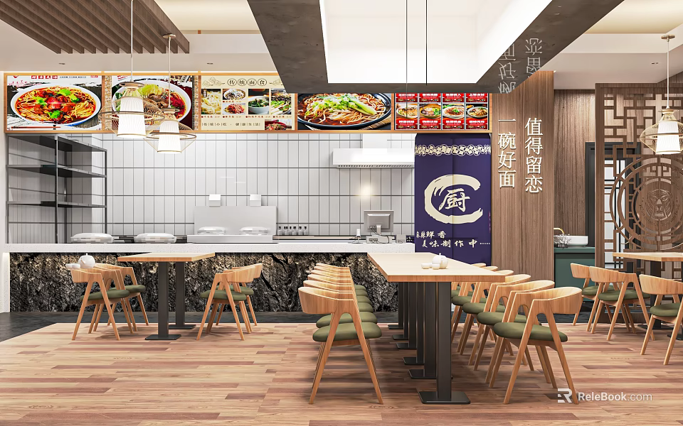 Modern Chinese Noodle Restaurant Interior With Open Kitchen Wooden Tables And Menu Posters 3d model 