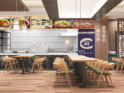 Modern Chinese Noodle Restaurant Interior With Open Kitchen Wooden Tables And Menu Posters 3d model
