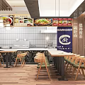 Modern Chinese Noodle Restaurant Interior With Open Kitchen Wooden Tables And Menu Posters