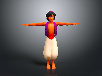 3D Character Model With Purple Vest White Pants Arms Outstretched On Gray Background 3d model