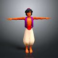 3D Character Model With Purple Vest White Pants Arms Outstretched On Gray Background