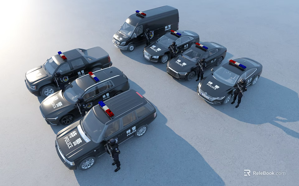 Multiple Police Cars With Flashing Lights And Police Officers Standing Nearby 3d model 