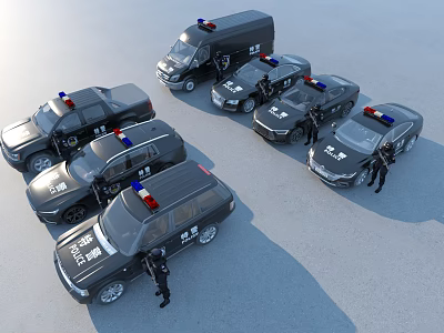 Multiple Police Cars With Flashing Lights And Police Officers Standing Nearby 3d model