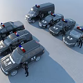 Multiple Police Cars With Flashing Lights And Police Officers Standing Nearby