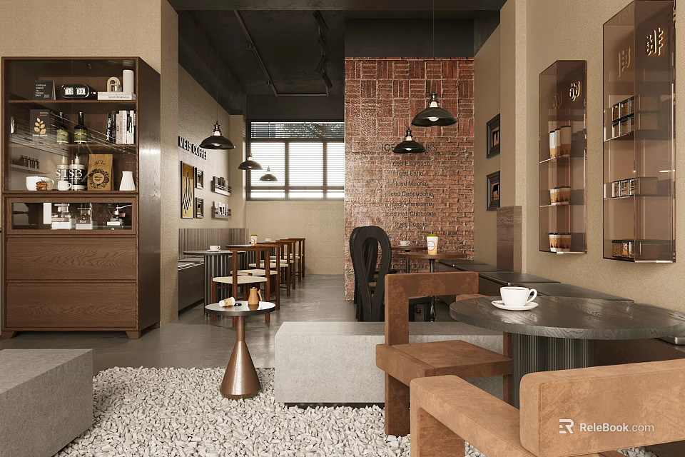Modern Cafe Interior Design With Brick Wall Pendant Lights And Wooden Furniture 3d model 