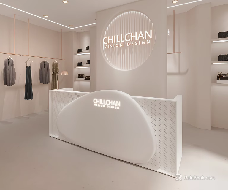 Chilichan Women's Fashion Store With White Counter Hanging Clothes And Shelves 3d model 
