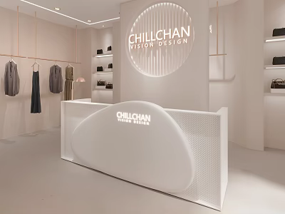 Chilichan Women's Fashion Store With White Counter Hanging Clothes And Shelves 3d model