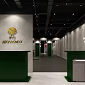 Gym Workout Space with Dumbbells Treadmills Red Exercise Bikes Green Partitions Gray Walls Black Ceiling