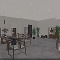 Modern Tea House Interior With Open Space Wooden Furniture Green Plants Screen And White Walls